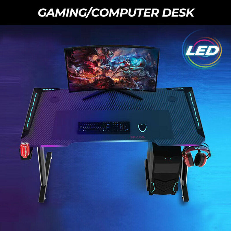 120cm Large Gaming Desk LED RGB Computer Desk Z Model Racer Carbon Fibre Surface Table Workstation Max Load 175KG with Cup Holder and Headphone Holder