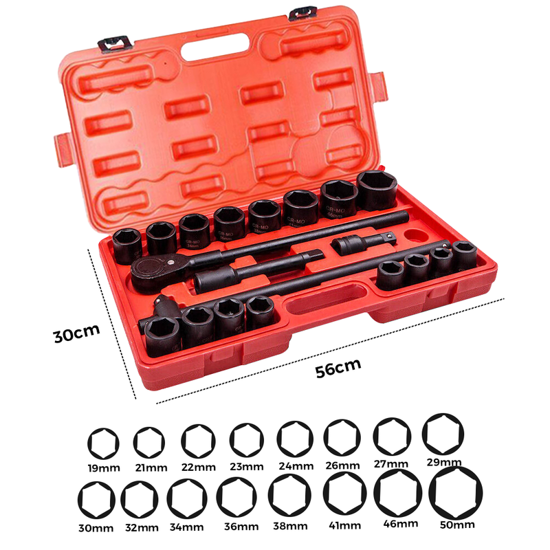 20pcs 3/4'' 19mm-50mm Drive Deep Impact Socket Set Garage Repair Sockets Ratchets