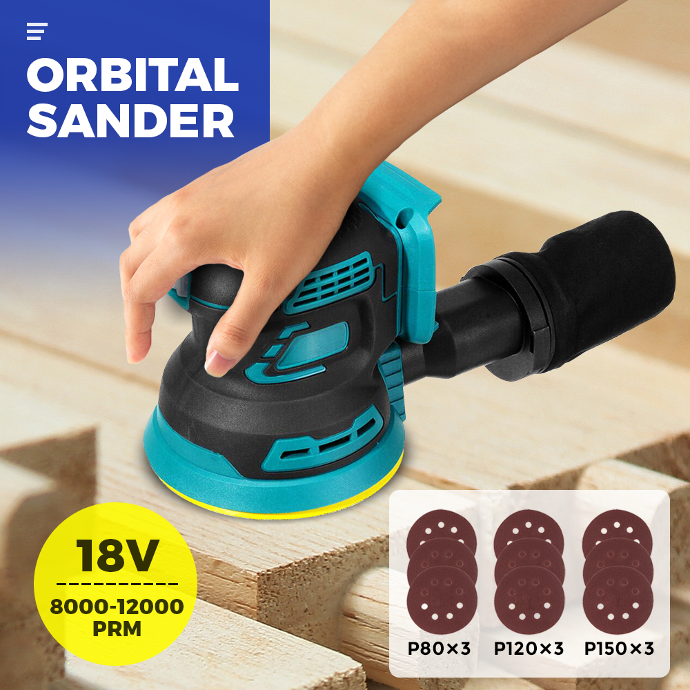 21V Li-ion Cordless Orbital Sander 125mm Electric Brushless Polisher 3 Variable Speed 8000-12000RPM with 9 Sandpaper and Dust Bag Tool Skin Only