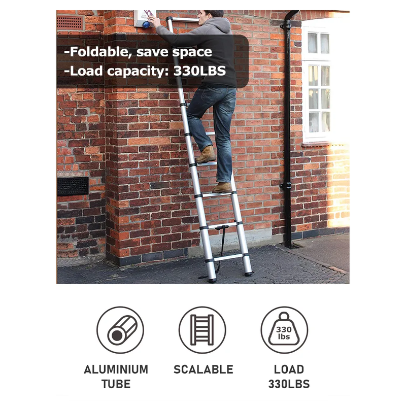 Portable 3.8M Telescopic Ladder with Safety Hooks - Aluminium Folding Ladder, Multi-Purpose Compact Design, Safety Lock 150kg Capacity - Includes Carry Bag