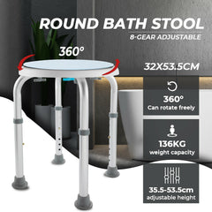 Bath Shower Stool Chair Seat Non-Slip Adjustable Height 35.5cm to 53.5cm 136kg Capacity Rotating Swivel Round Elderly Medical Bench Safety Bathroom