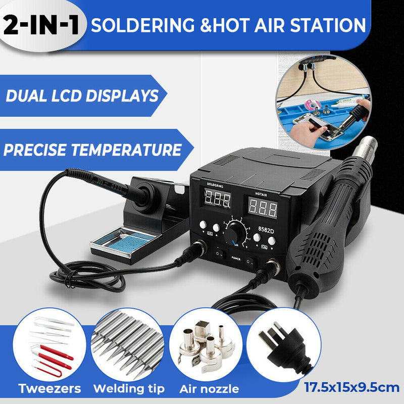 Soldering Station Kit 2 in 1 Soldering Iron and Hot Air Rework Station with Digital Displays with 4 Nozzles and 11 Soldering Tips for Electronic Repair SMD