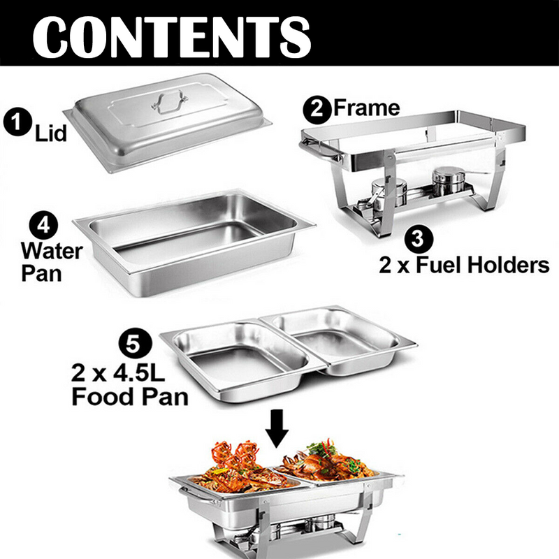 9L 4.5x2 Bain Marie Bow Food Buffet Warmer Pan Chafing Dish Stainless Steel Catering Warmer Set with Trays Lid Fuel Holder  Party Banquet Dining