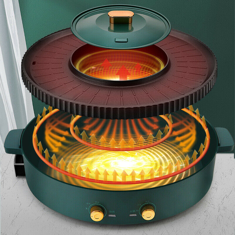 2 in 1 Electric Hot Pot Green with Grill Barbeque Cooker with Temperature Control Multi-function Smokeless Shabu Korean BBQ Pan for Simmer Boil Fry Roast 2200W