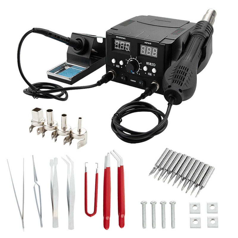 Soldering Station Kit 2 in 1 Soldering Iron and Hot Air Rework Station with Digital Displays with 4 Nozzles and 11 Soldering Tips for Electronic Repair SMD