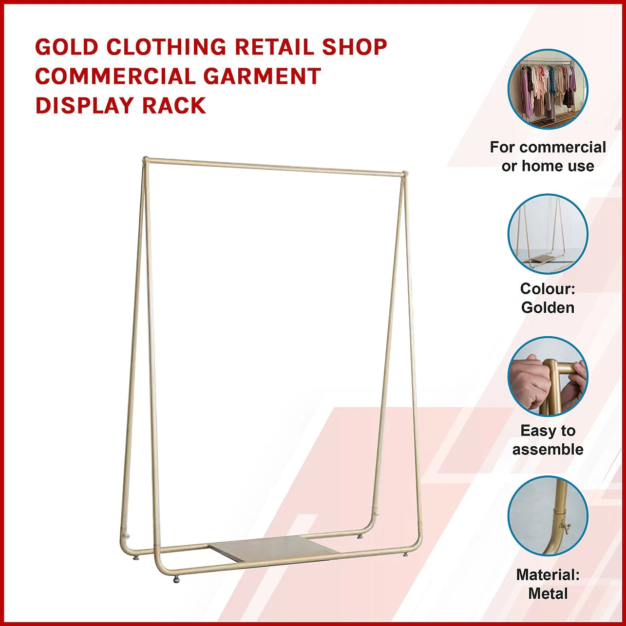 Alston Gold Metal Clothing Rack Coat Hanger Freestanding Stylish Garment Display Rack 170X40X150cm for Retail Entryway Shop Commercial Home