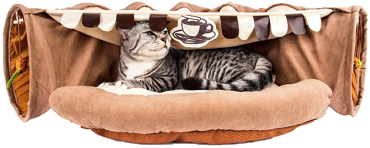 Cat Bed with Tunnel Coffee 2-in-1