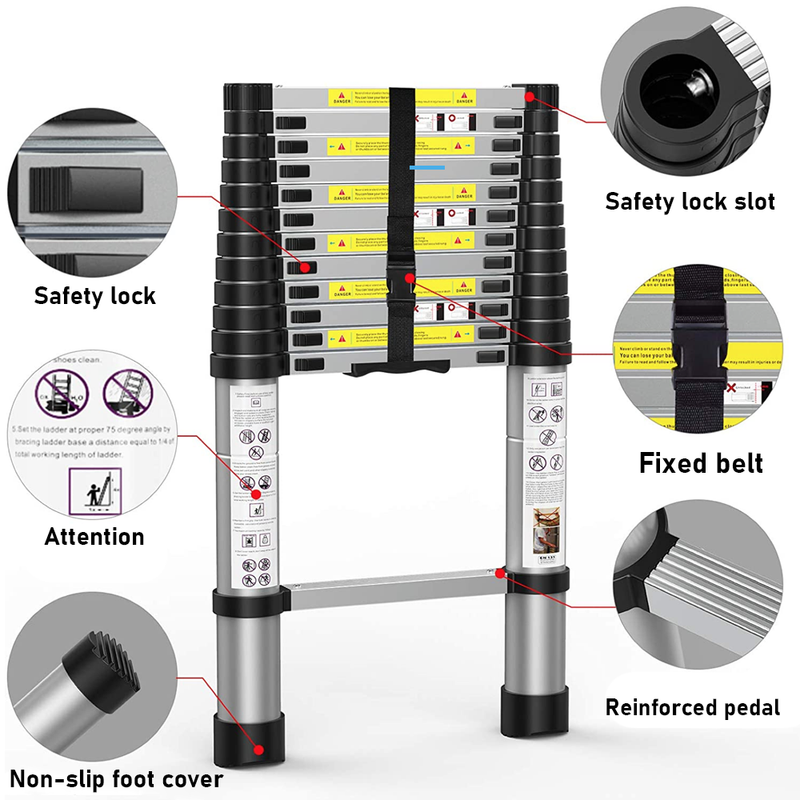 Portable 3.8M Telescopic Ladder with Safety Hooks - Aluminium Folding Ladder, Multi-Purpose Compact Design, Safety Lock 150kg Capacity - Includes Carry Bag