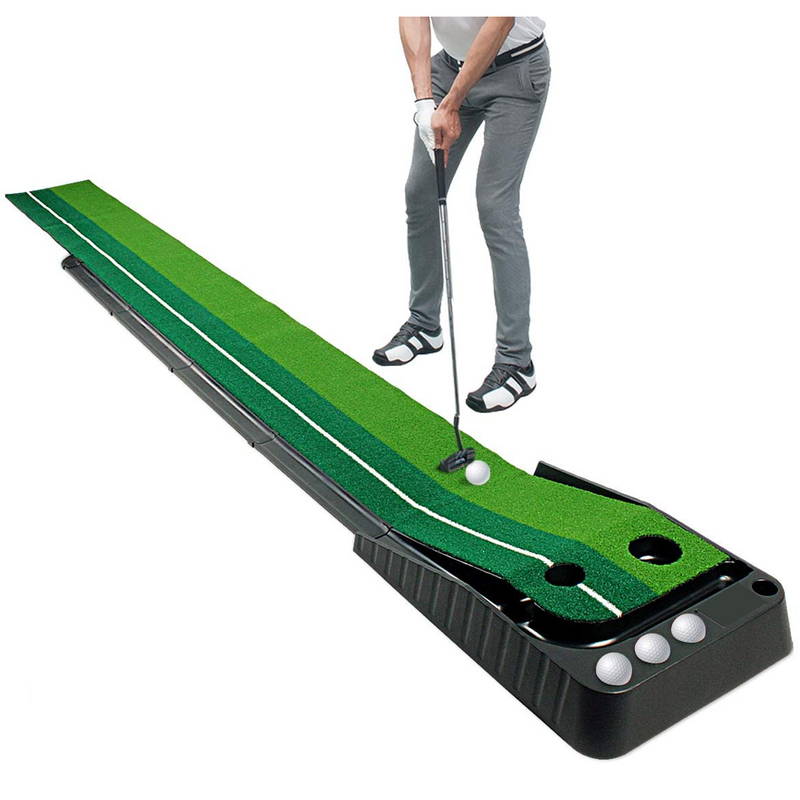 2.5M Golf Putting Mat Auto Return Trainer Golf Putting Trainer Green Mat Golf Training Practice Equipment Dual-Track for Indoor Outdoor 3 Holes 2 Size