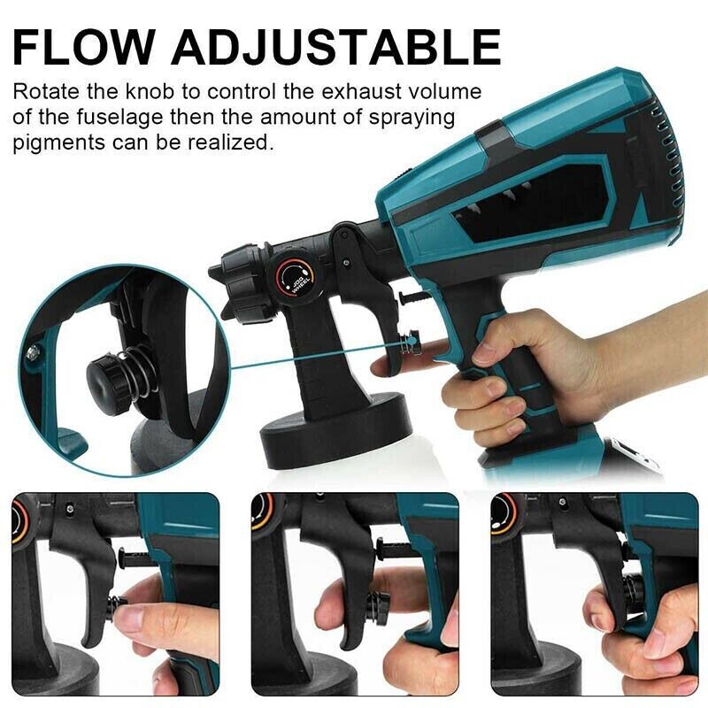 1000ml Cordless High Pressure Spray Gun Flow Adjustable Spray Gun Paint Sprayer Home Interior Exterior With 2 Nozzles For Makita 18V Battery-Skin Only