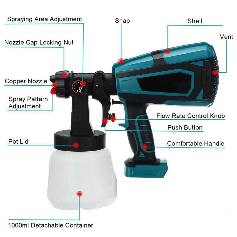 1400ml Cordless High Pressure Spray Gun Flow Adjustable Spray Gun Paint Sprayer Home Interior Exterior With 2 Nozzles For Makita 21V Battery-Skin Only