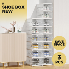 Premium Shoe Box-3pcs Transparent Containers Stackable Clear Plastic Storage Display Case Bins For Sneakers Sports Shoes High Heels Leather Collection Shoes