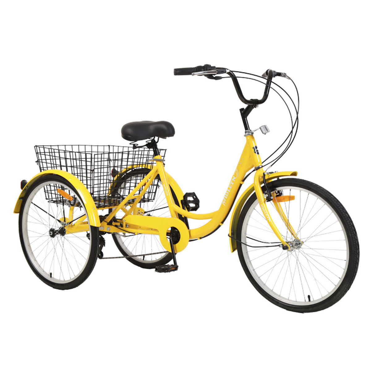 3-Wheel Adult Tricycle 7-Speed 26 Inch Trike Three Wheel Bike Large Load Capacity with Front/Rear Brakes Padded Seat Rear Basket Free Lock Yellow