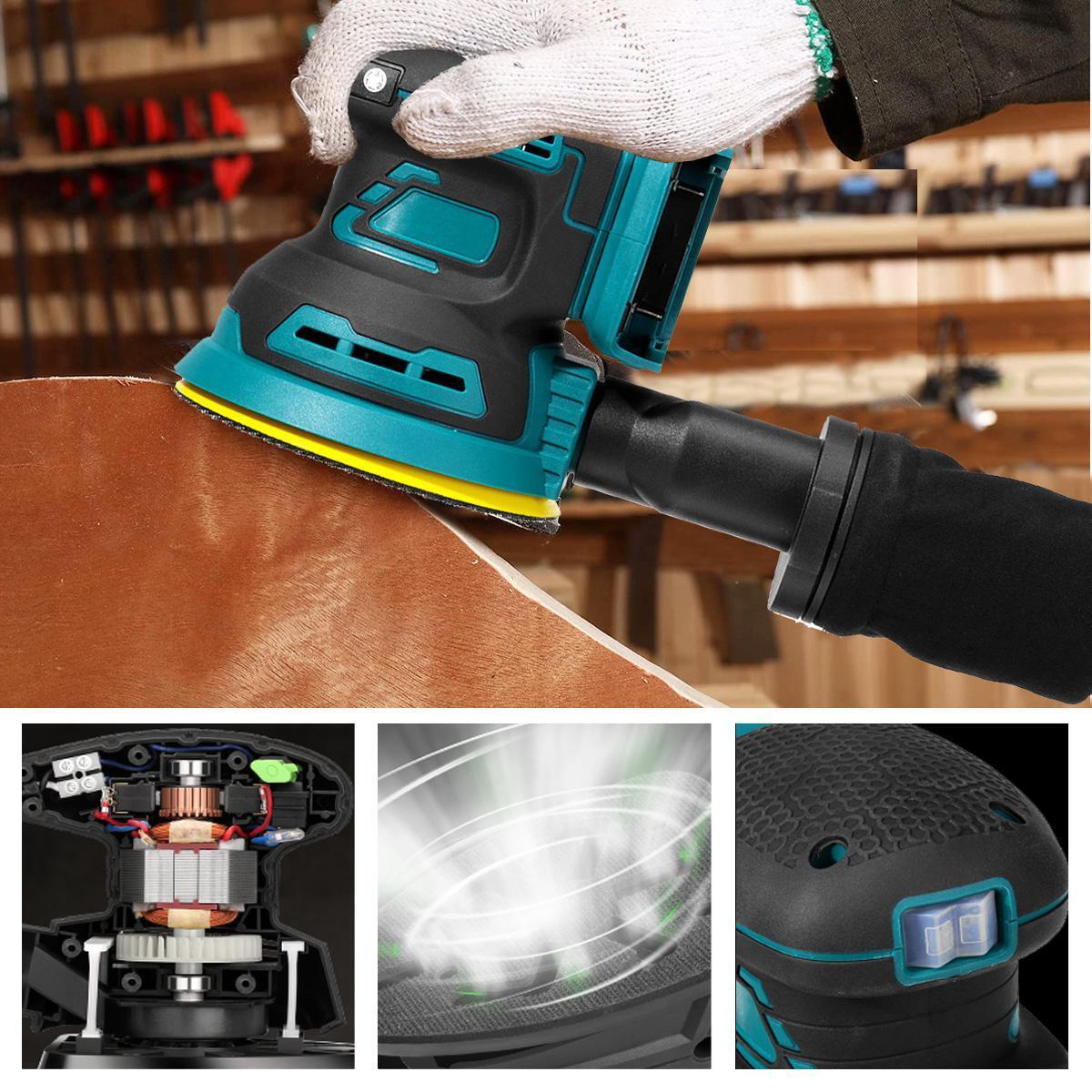 21V Li-ion Cordless Orbital Sander 125mm Electric Brushless Polisher 3 Variable Speed 8000-12000RPM with 9 Sandpaper and Dust Bag Tool Skin Only