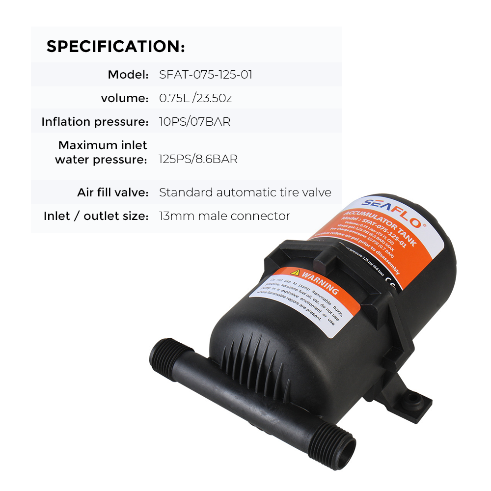 Seaflo Accumulator Tank Booster Pump 0.75L/25 OZ 125 PSI Easy Connect Ideal for RV Yachts RVs Agriculture Flow Control Pressurized Water Systems