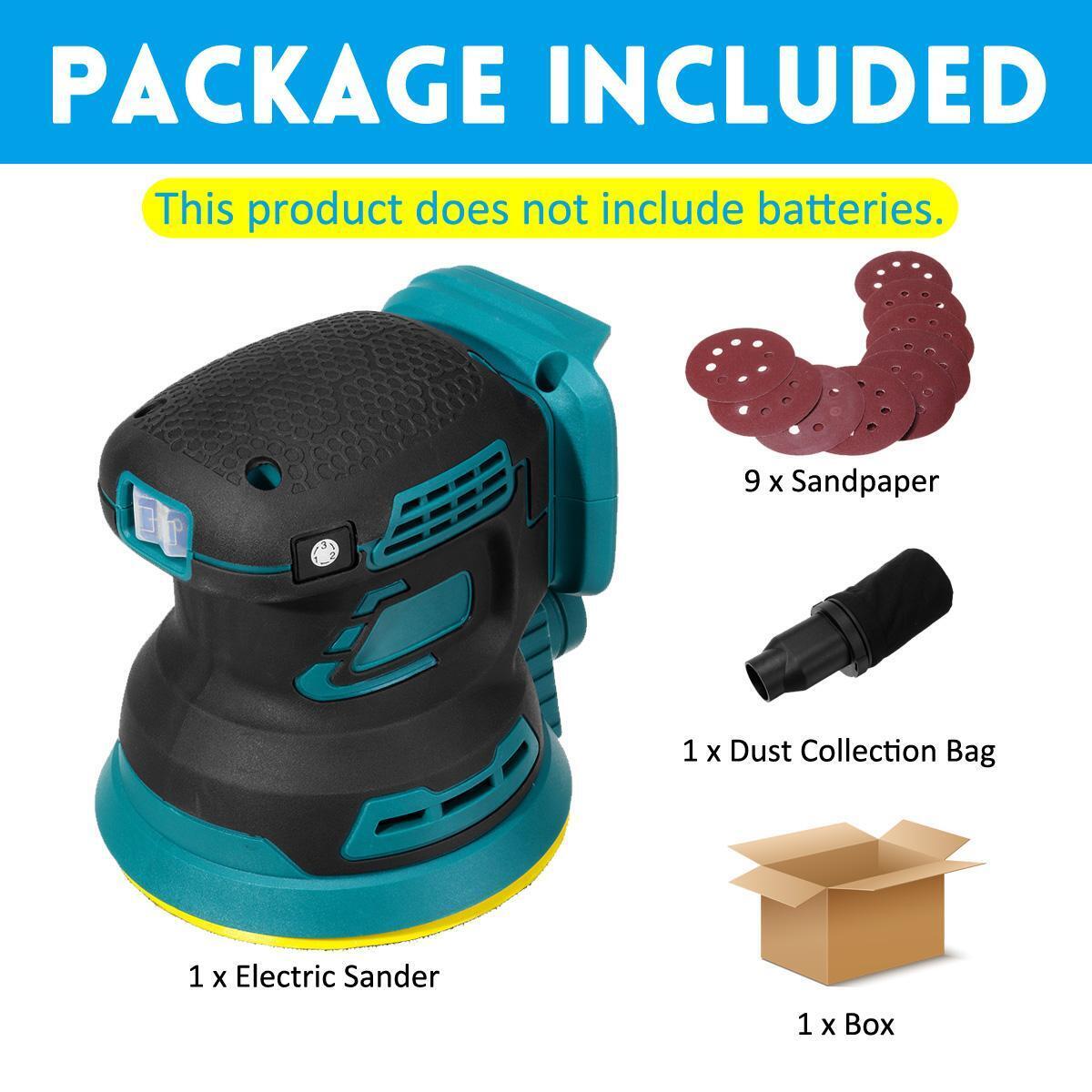 21V Li-ion Cordless Orbital Sander 125mm Electric Brushless Polisher 3 Variable Speed 8000-12000RPM with 9 Sandpaper and Dust Bag Tool Skin Only