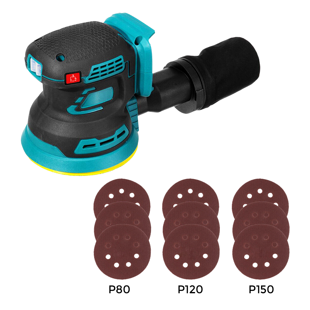 21V Li-ion Cordless Orbital Sander 125mm Electric Brushless Polisher 3 Variable Speed 8000-12000RPM with 9 Sandpaper and Dust Bag Tool Skin Only